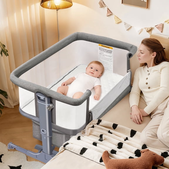 Spanspace Baby Bassinet  5-in-1 Bedside Sleeper with Mosquito Net, 6-Height Adjustable, Foldable Travel Crib, Breathable 3D Wool Mattress, Gray