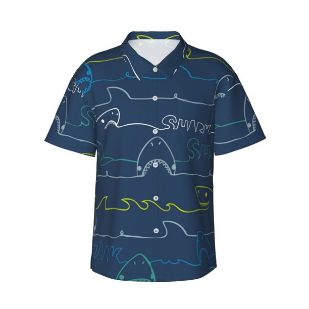 Balery Shark Camisas hawaianas de manga corta para hombre, camisas playeras de corte holgado, camisas de vacaciones con botones,Large