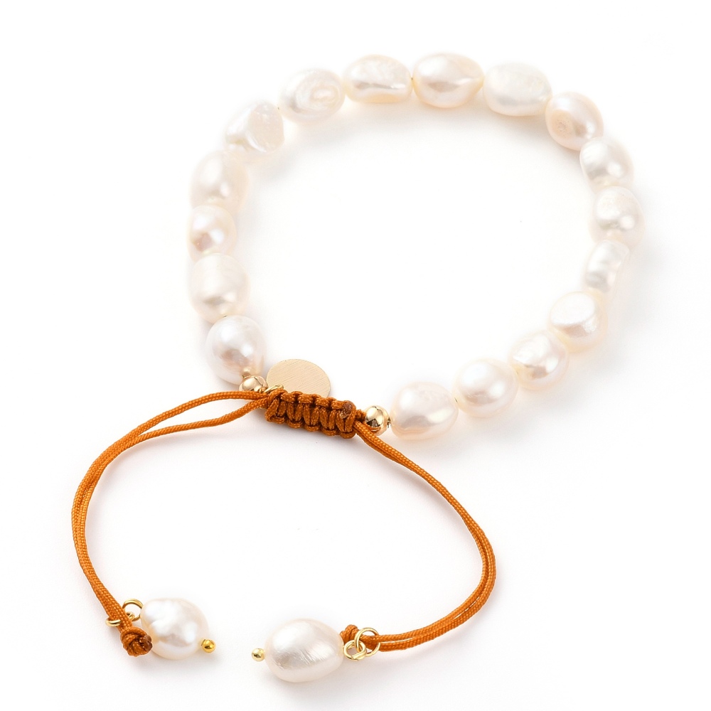 Adjustable Nylon Thread Bead Bracelets with Oval Natural Cultured Freshwater Pearl Beads and Flat Round Brass Charms Real 18K golden Plated White Inner Diameter: 2-1/8~3-1/2 inch(5.5~9cm)