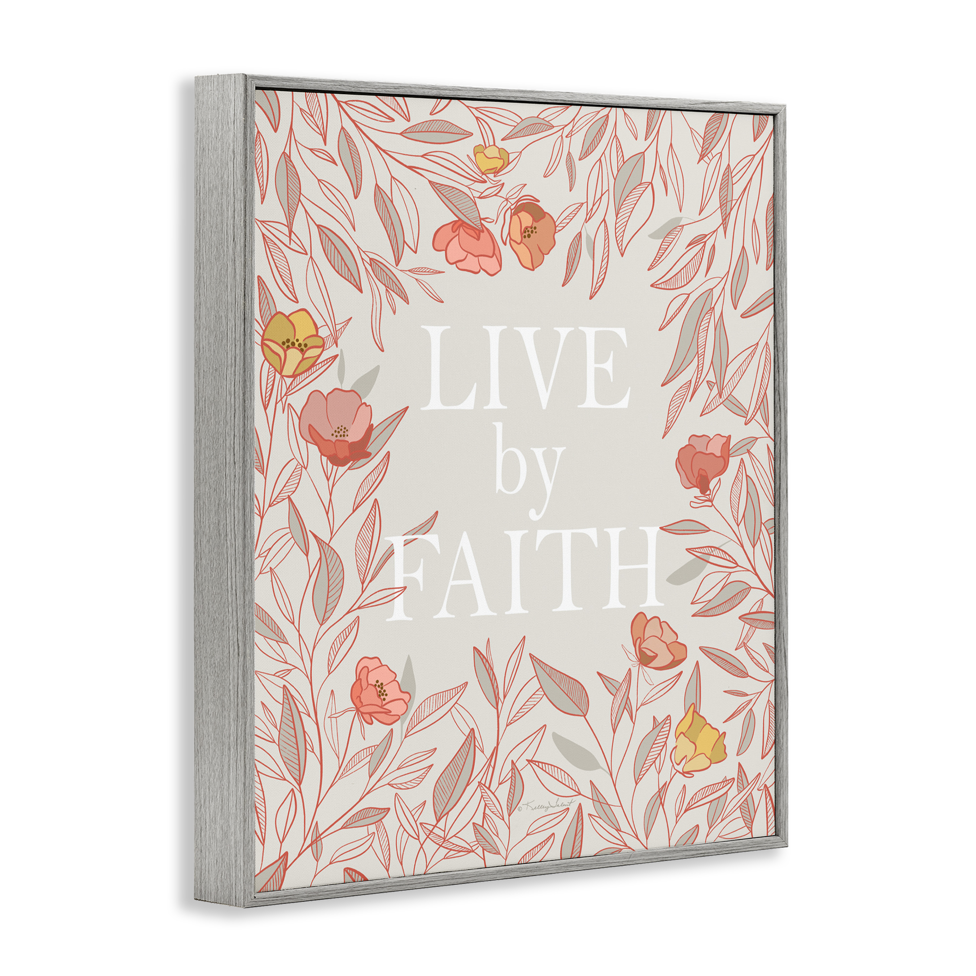 Live By Faith Rosy Florals Gray Framed Giclee Art, design by Kelley Talent