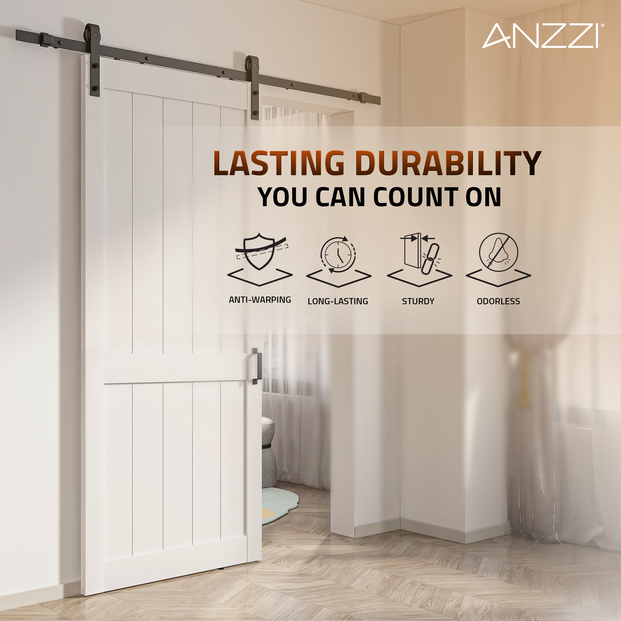 ANZZI 5 Vision Glass Sliding Door - Durable MDF/PVC Construction with Hardware Kit - Double Frosted Glass Panels and Secure Packaging - Ideal for Modern Homes (Light Brown)