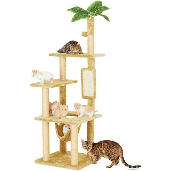 55" Cat Tree / Tower for Indoor Cats with Green Leaves, Cat Condo Cozy Plush Cat House with Hang Ball and Leaf Shape Design, Cat Furniture Pet House with Cat Scratching Posts
