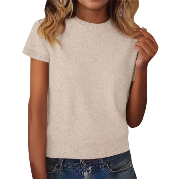 ManxiVoo Women's Short Sleeve Wool Blend Pullover Sweater Lightweight Knit Top for Fall Layering Essentials L Size Beige