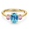 thumbnail image 3 of Gem Stone King 1.80 Ct Oval Checkerboard Swiss Blue Topaz Pink Lab Grown Diamond 18K Yellow Gold Plated Silver Ring, 3 of 6