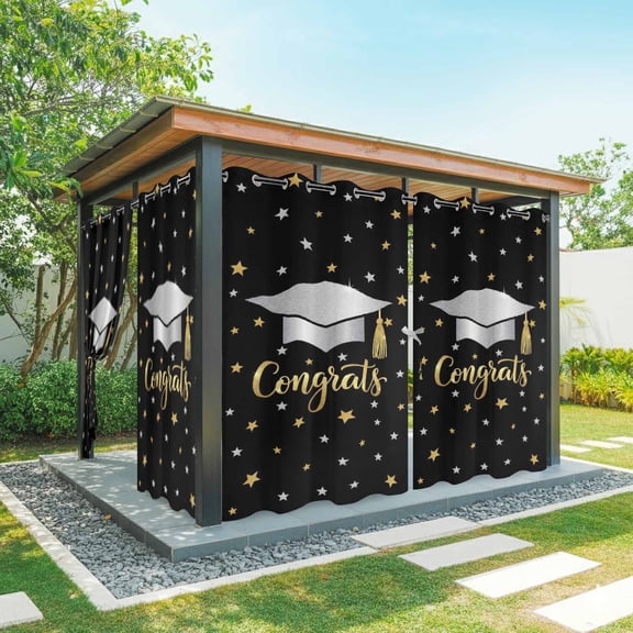 2 Panels Outdoor Curtains for Patio Waterproof 54"x84" Black Stars Graduation Weatherproof Privacy Outsides Curtains, Yellow White Star Modern Art Grommet Thermal Drapes for Cabana Porch Pergola