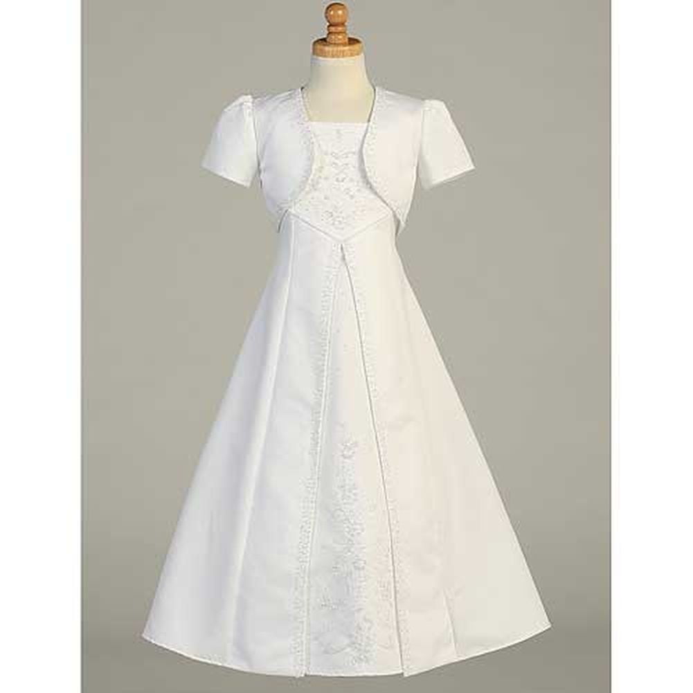 Long Floor Length Girls First Communion Dress w Bell Sleeve bolero Jacket size 10 Empire Waist A Line,Spaghtetti Adjustable White Satin