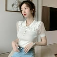 thumbnail image 2 of Clearance Retro Doll Collar Knitted Mesh Stitching Puff Sleeve Short Sleeve Top Modern, 2 of 6