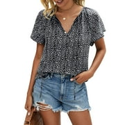 Fantaslook Blouses for Women Floral Print V Neck Ruffle Short Sleeve Shirts Casual Summer Tops