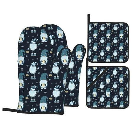 

Oven Mitts and Pot Holders 4 Piece Christmas Gnome blue High Heat Slip Resistant Oven Mitt and Trivets Set Kitchen Oven Glove Pot Holders for Cooking Baking Grilling