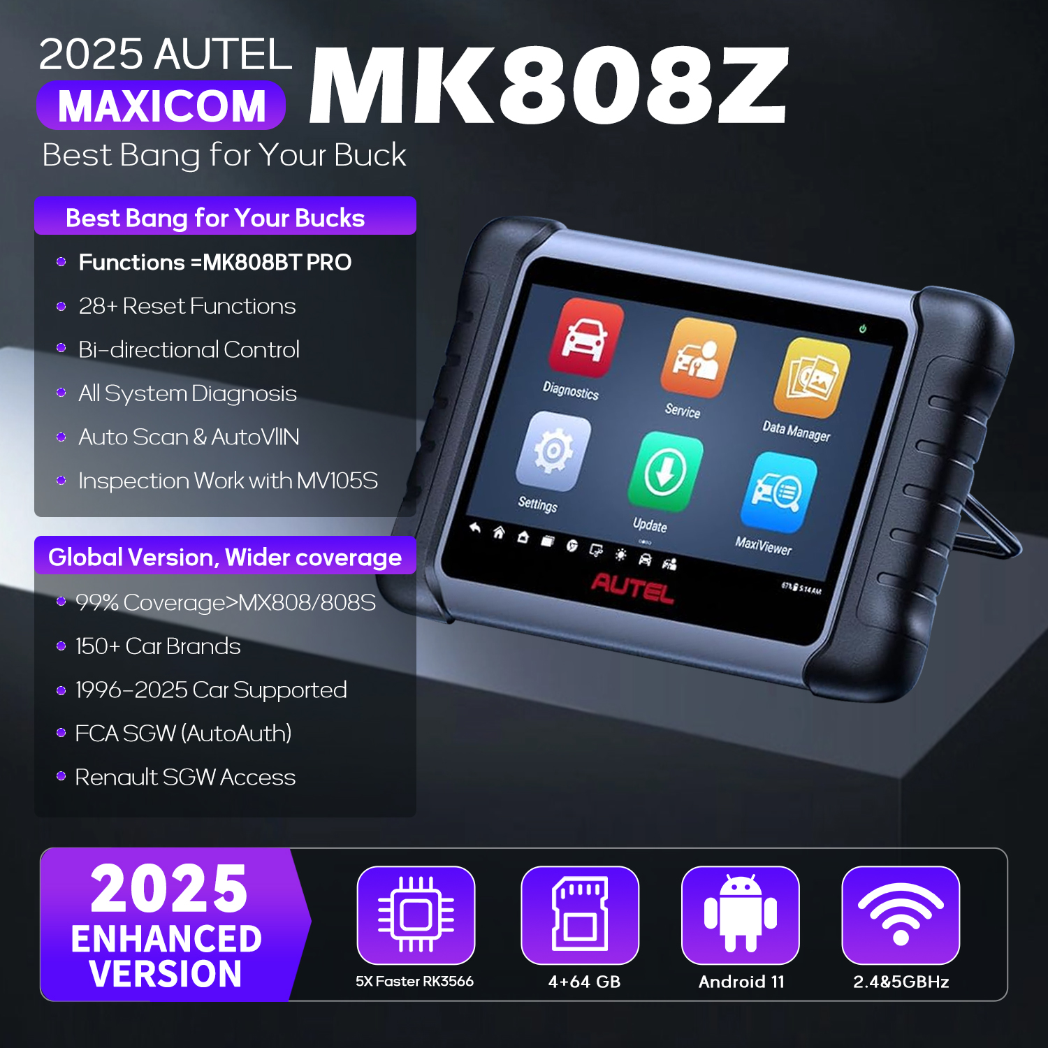 Newest Autel Scanner MaxiCOM MK808Z, Bidirectional Scan Tool Same As MK808S MK808BT MX808S, 28+ Service, Active Test, All System Diagnose, Injector Coding, FCA Autoauth, Alternative of MK900 MX900