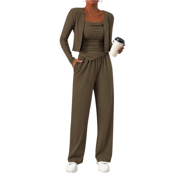 Fashion Halter Long Pants Jacket Coat For Women's 3 Piece Set Autumn New Casual Simple Sporty Pocket Long Pants Set Female