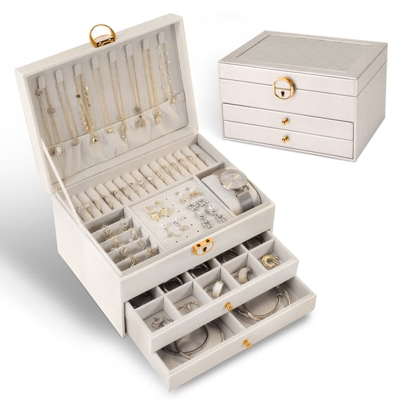 Jewelry Box, 3 Layer PU Leather Jewelry Storage Boxes for Women Girls, Jewelry Organizer Box Display for Rings Earrings Necklaces Bracelets Watch, White