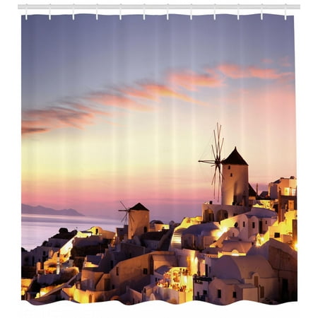 Windmill Shower Curtain Famous Santorini Island In Greece Houses Windmill Shower Curtain Famous Santorini Island In Greece Houses Evening View Architecture Village Image Fabric Bathroom Set With Hooks Multicolor