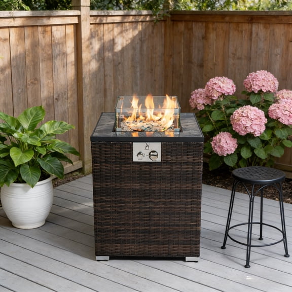 22" 50000 BTU Propane Gas Fire Pit Table - Wicker Base w/ Wind Shield for Small Patio/Deck（Black）