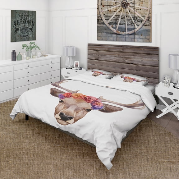 Designart 'Deer Portrait with Floral Head' Country Duvet Cover Set