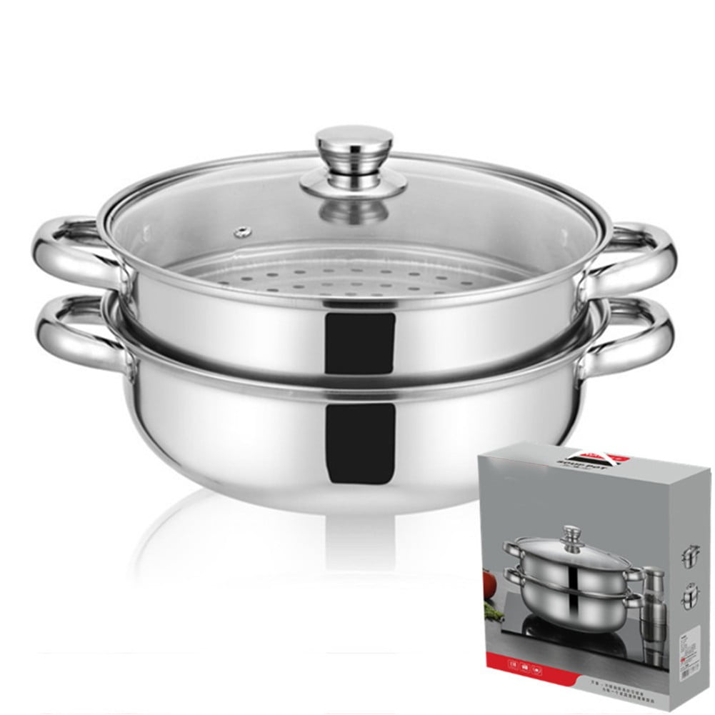 Marmite Vapeur Acier Inoxydable 2 Niveaux 27cm | Casserole Double Avec Couvercle Verre - Cuisson Saine