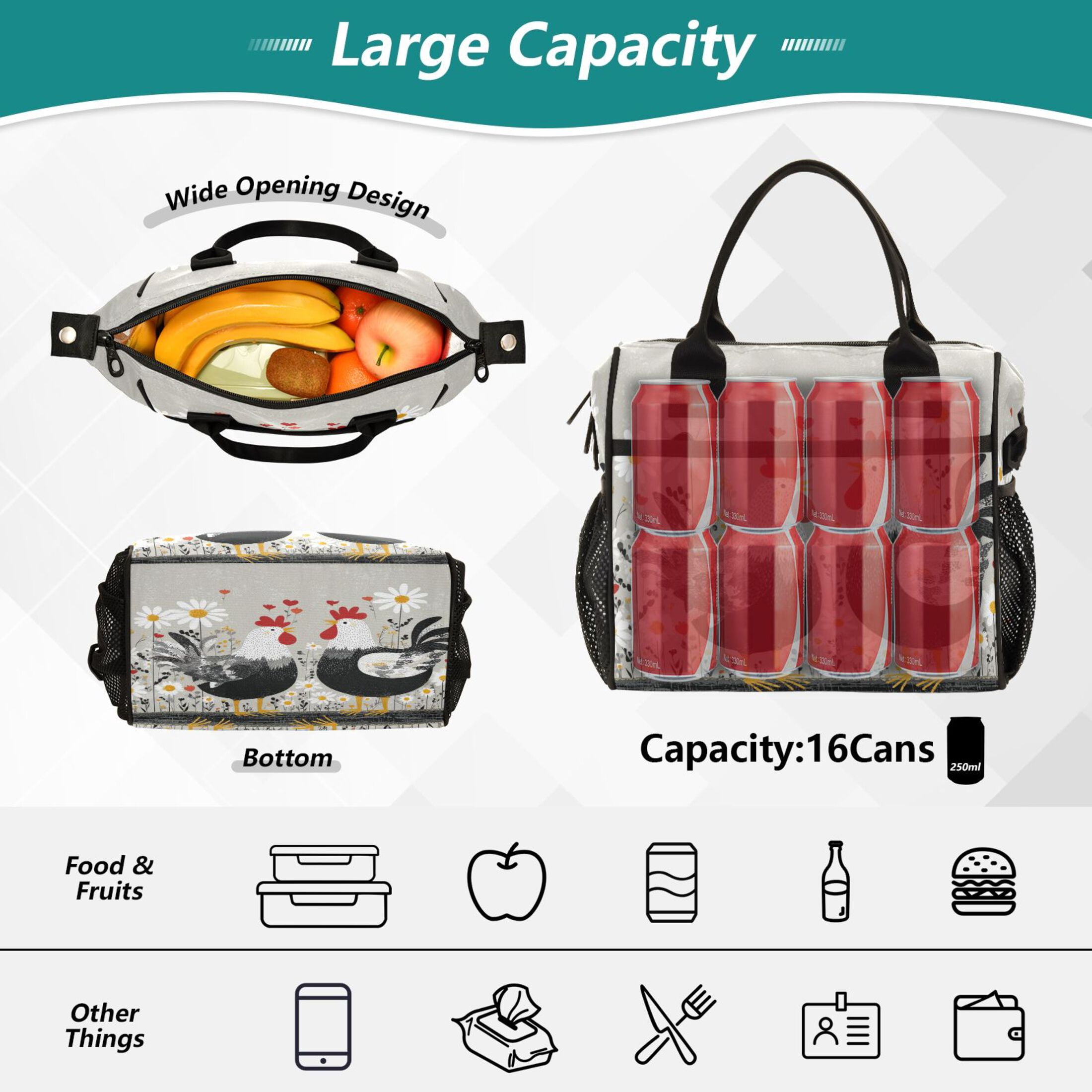 Large Insulated Lunch Bags for Women Men Leakproof Thermal Meal Lunch Tote Bag for Office Work Picnic Travel Black and White Chick 12L