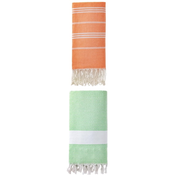 Unique Bargains 2Pcs Stripe Quick Dry Sand Free Towel Orange Green 71" x 35"/71" x 40"