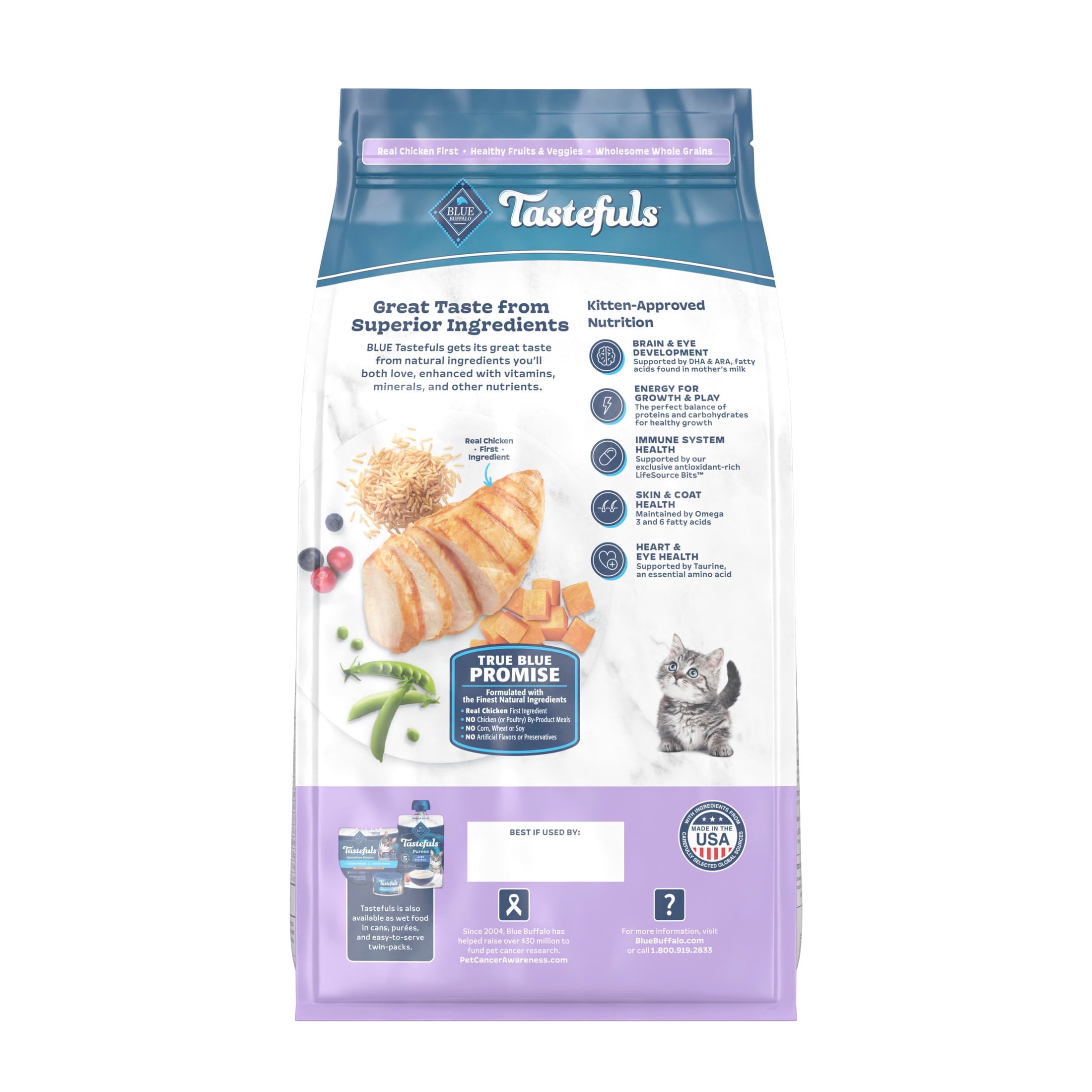 (4 pack) Blue Buffalo Tastefuls Kitten Food with DHA, Dry Cat Food, Chicken & Brown Rice, 7lb Bag