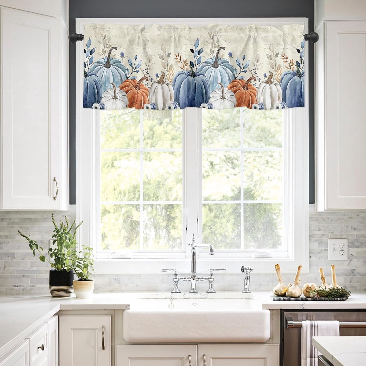 Blue Grey Pumpkin Fall Kitchen Curtains Set Half Curtains 24 Inches Length, Thanksgiving Rustic Tier Curtains and Valance Set, Maple Leaf Botanical Window Treatment Draperies for Cafe Bathroom Bedroom