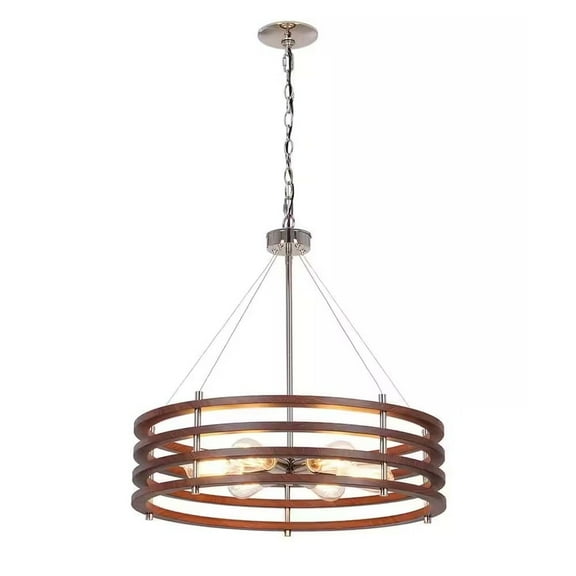 Catalina Lighting Catalina 24"W 6-Light Polished Nickel Drum Modern Pendant Mahogany Wood Finish Shade