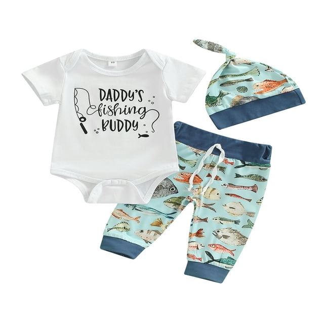 3PCS Infant Baby Boy Girl Daddy‘s Fishing Buddy Short Sleeve Romper Fish Print Pants Hat Clothes Outfit Set