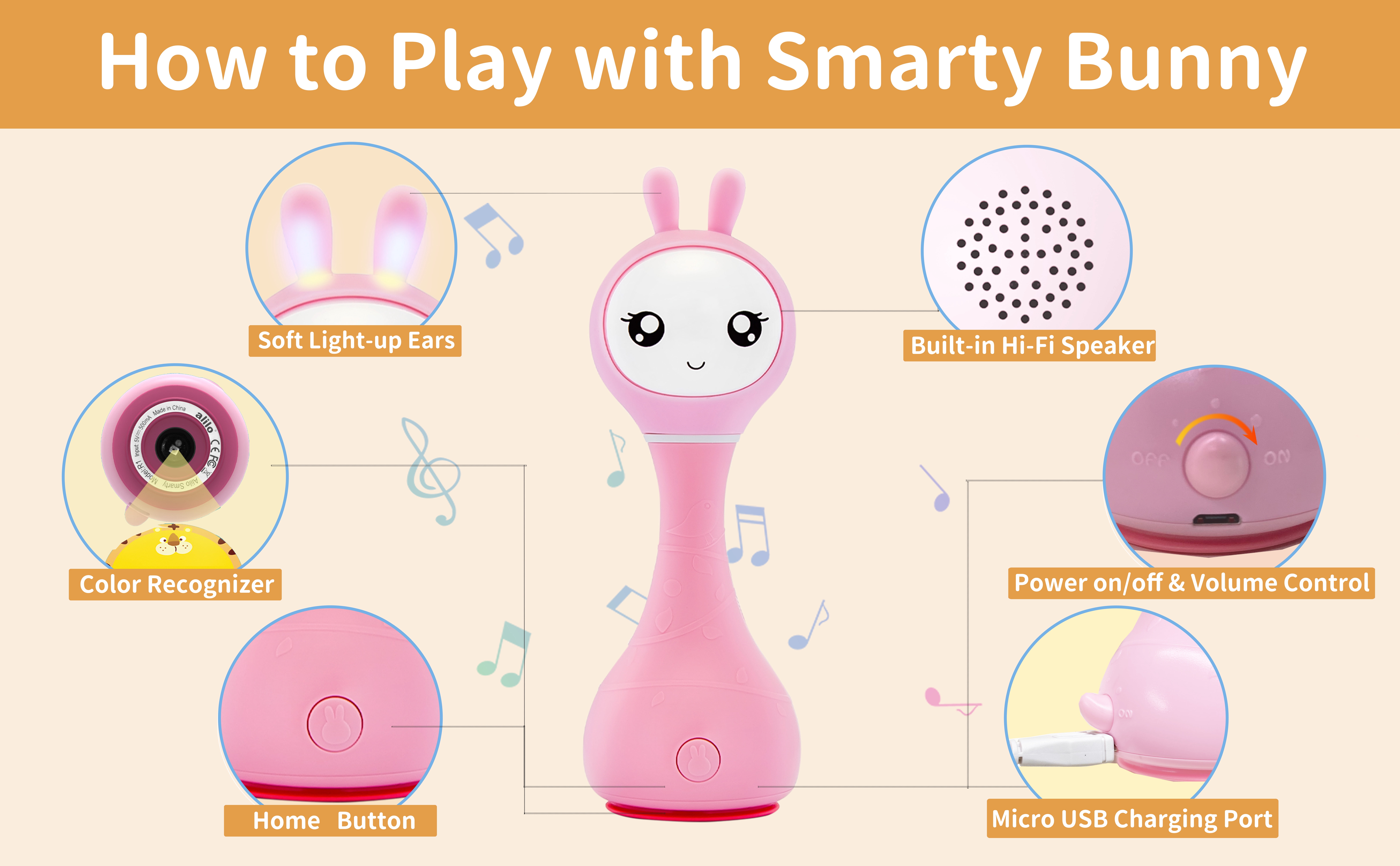 alilo Smarty Baby Audio Player - Toy w/ Chewable Teether Ears, Colorful Lights - Educational Sounds, Stories, Music, White Noise for 0-24 Months Kids - Baby Gift for Learning - Pink