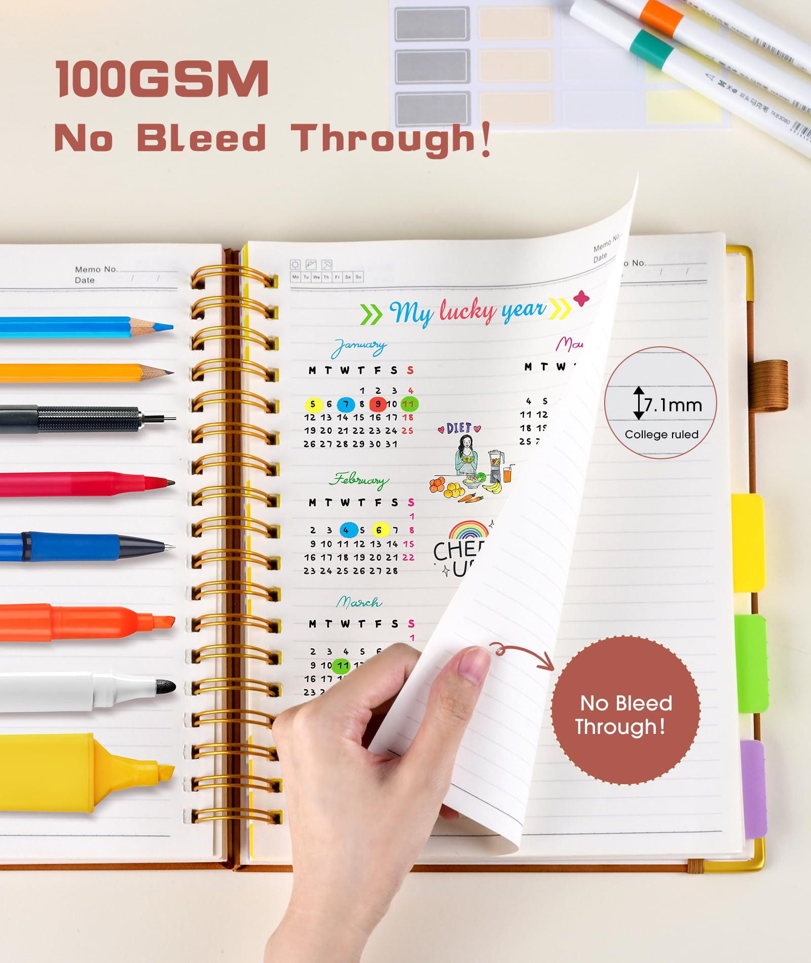 Notebook Journal with Removable Dividers Tabs, 300 Pages Leather 5 Subject Notebook College Ruled, 8"x10" Large B5 Notebooks for Work School Note taking, Lined Journal for Women