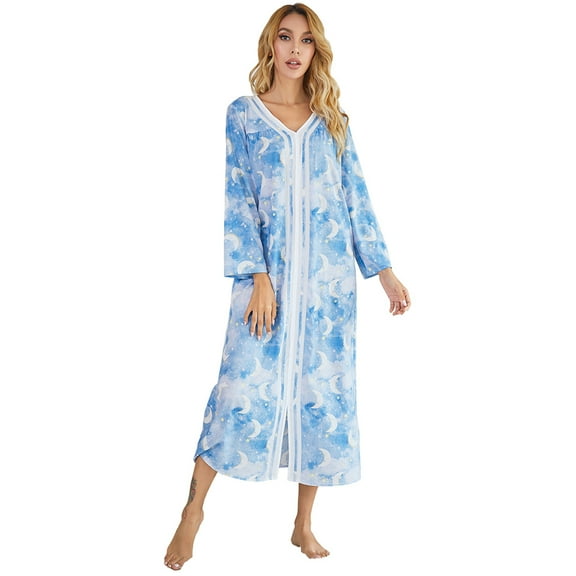 FLMEI Women's Nightgowns V-Neck Sleepwear for Fall Winter Woven Print Pajama Dress Long-Sleeved Nightdress for Womens S-XXL