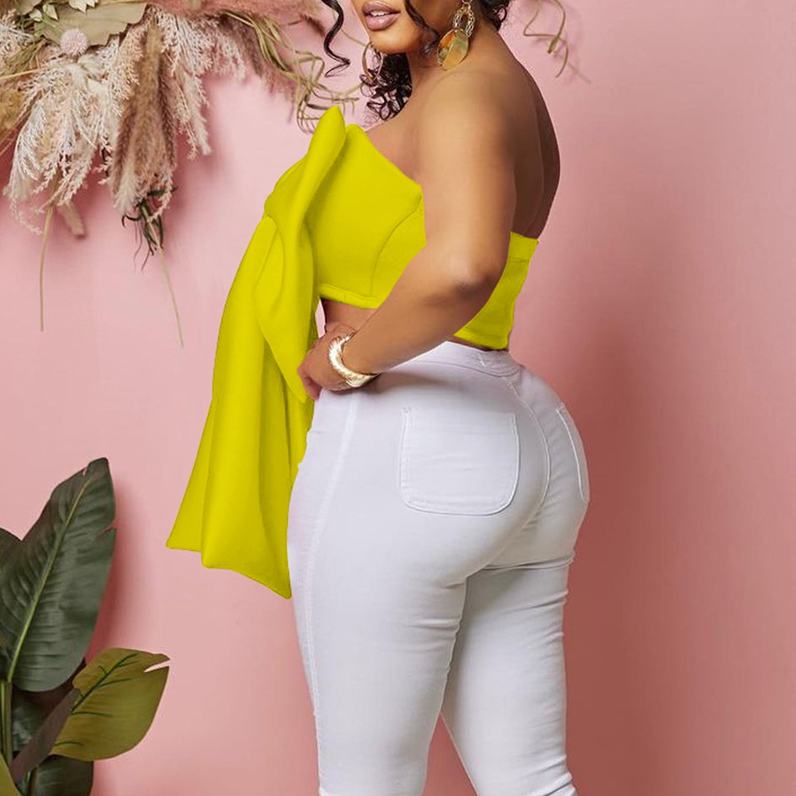 Women's Elegant Big Bow Tie Tube Tops Strapless Off Shoulder Sexy Backless Solid Tank Crop Shirts
