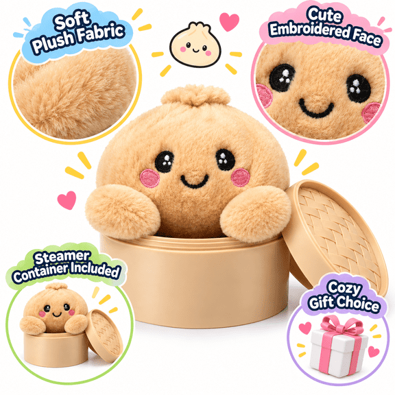 RMS Crazy Fun Dumpling Plush with Bamboo Steamer Carry Basket, Soft Stuffed Character with Fluffy Texture, Embroidered Smiling Face and Rounded Feet, Mystery Plush Dumplings, Desk Display and Gifts