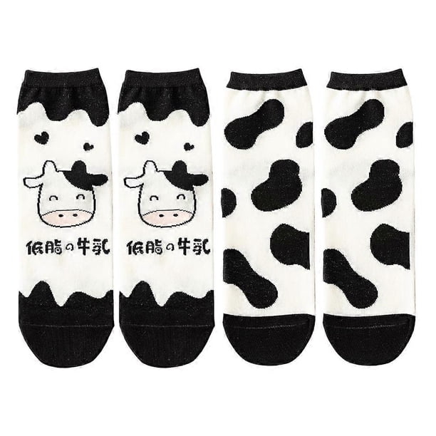 2 Pairs Cute Cow Pattern Cotton Ankle Socks for Summer Black White Cartoon Design, Breathable