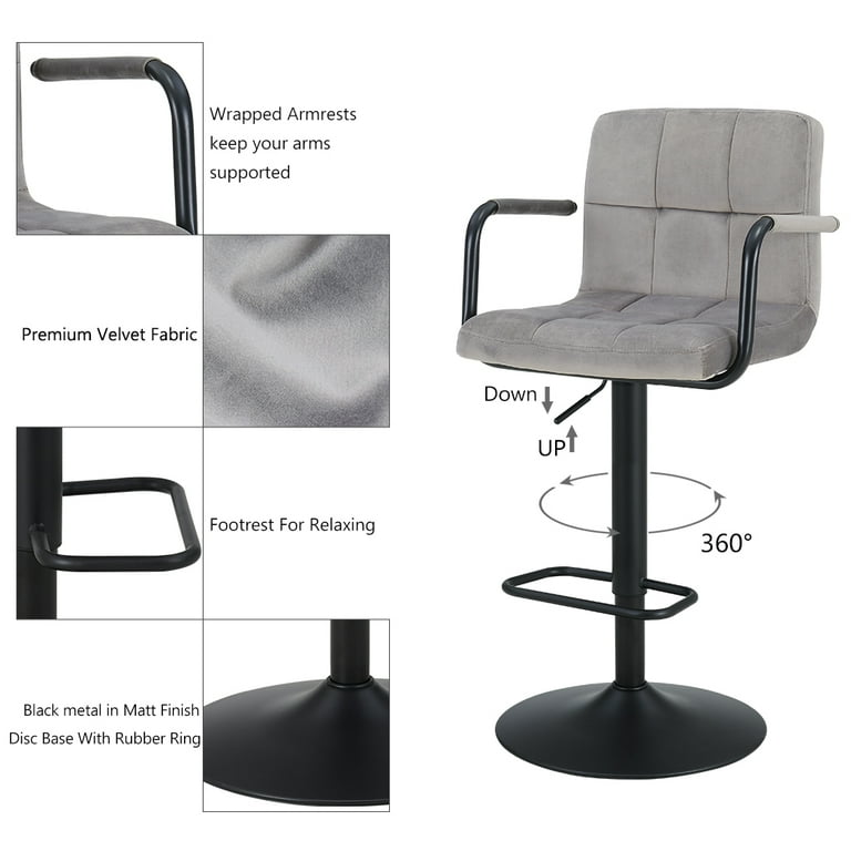 Duhome Velvet Bar Stools with Back Set of 2 Adjustable Barstools Counter Stools with Arms Modern Counter Height Bar Chairs Kitchen Stools Gray