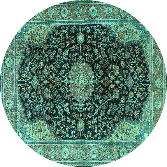 Ahgly Company Machine Washable Indoor Round Medallion Turquoise Blue Traditional Area Rugs, 7' Round