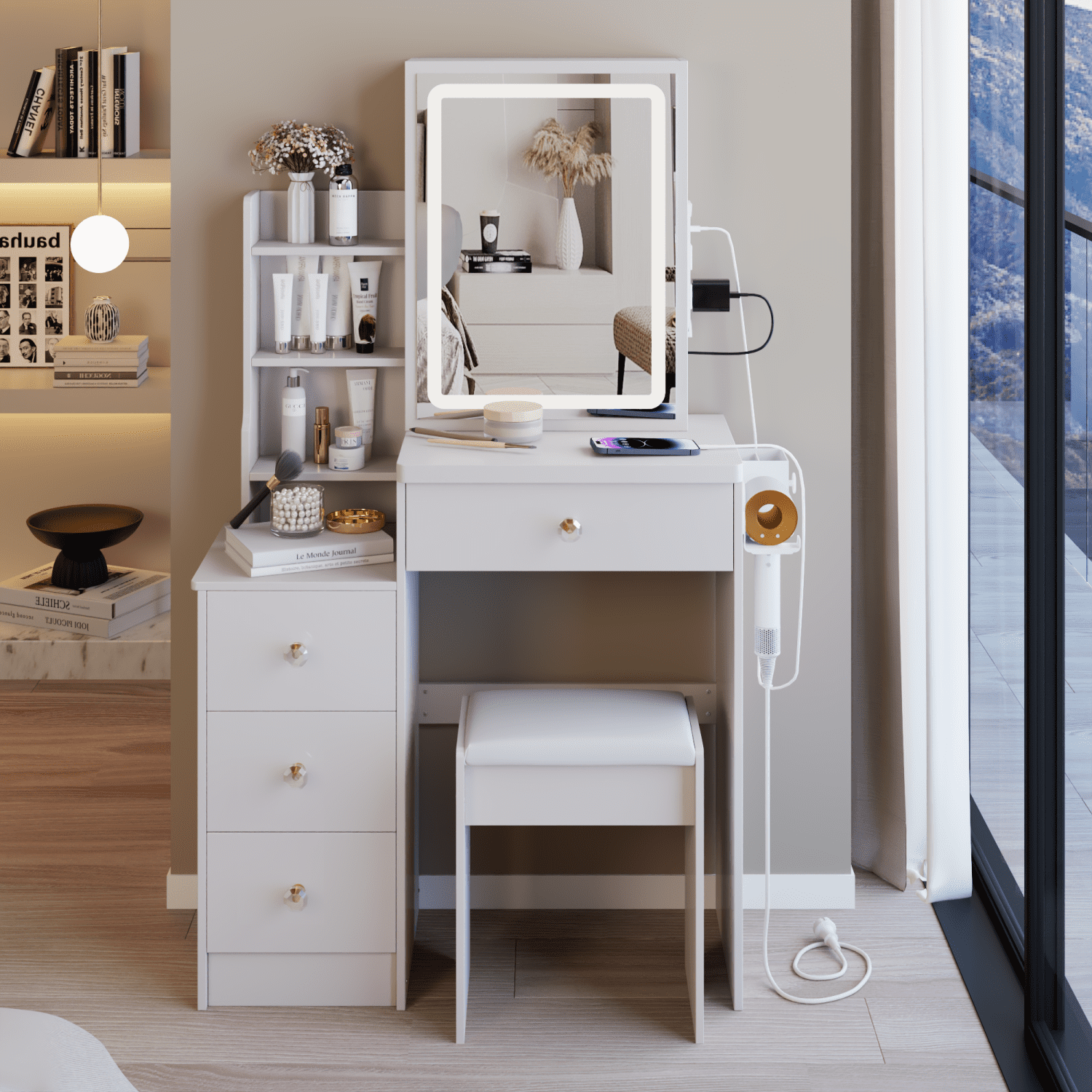 Space-Saving 29.2" Vanity Table with 2 AC+2 USB Ports, Triple Color LED Mirror, and Cushioned Stool – Ideal for Small Spaces & Morning Routines, White