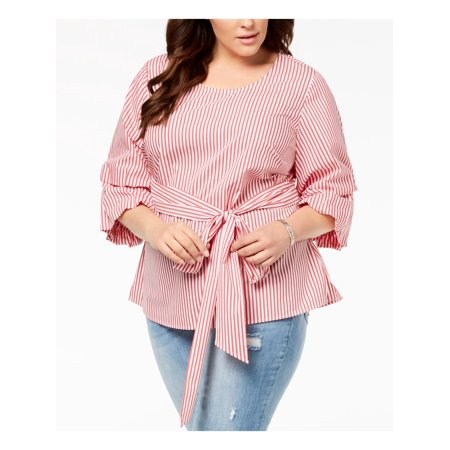 INC $90 Womens New 1485 Red Striped Tucked Sleeve Scoop Neck Top 0X Plus B+B