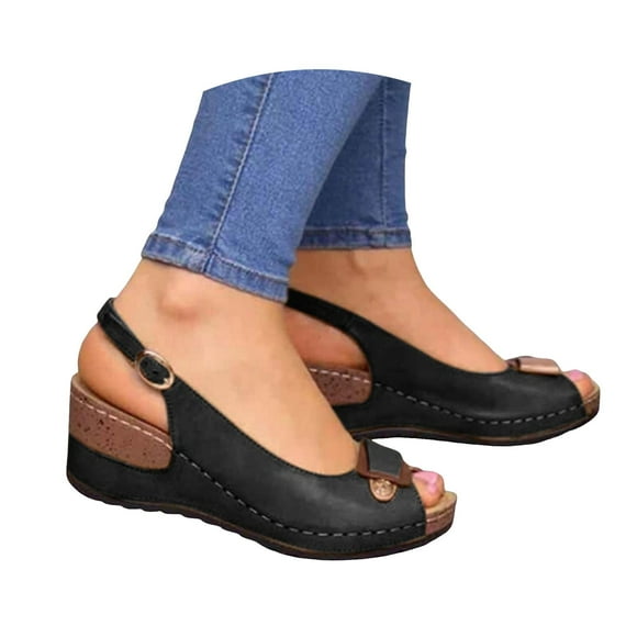 IUJSOY Ankle Strap Wedges for Women Round Open Toe Platform Slingback Slip on Peep Toe Sandals
