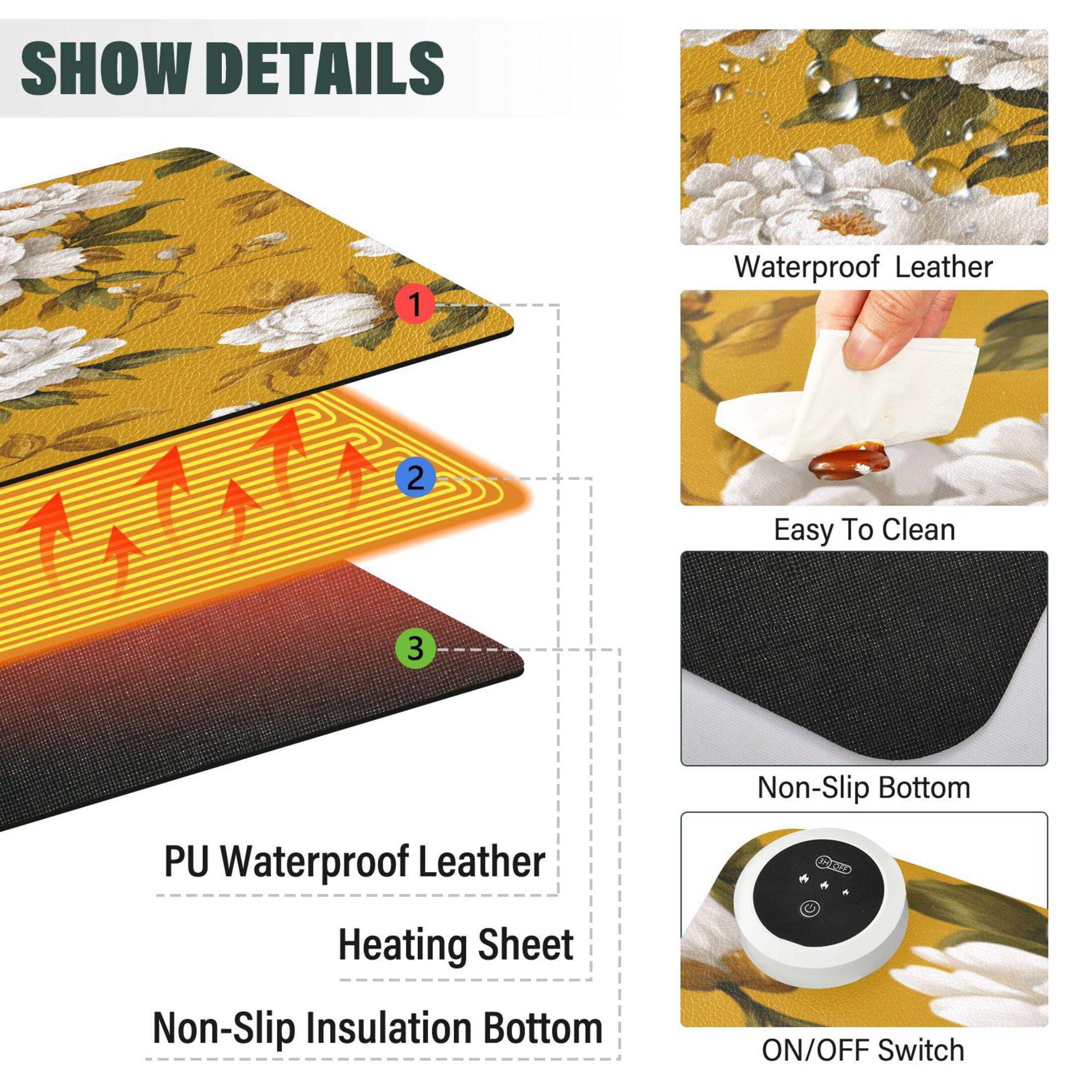 Large Heated Desk Mat Mouse Pad 31.5"x13"PU Leather Graphene Heating Desk Warmer with 3 Temperature Settings 110V US Plug Non-Slip Warm Pad for Home, Office, and Gaming Retro Yellow and White Peony