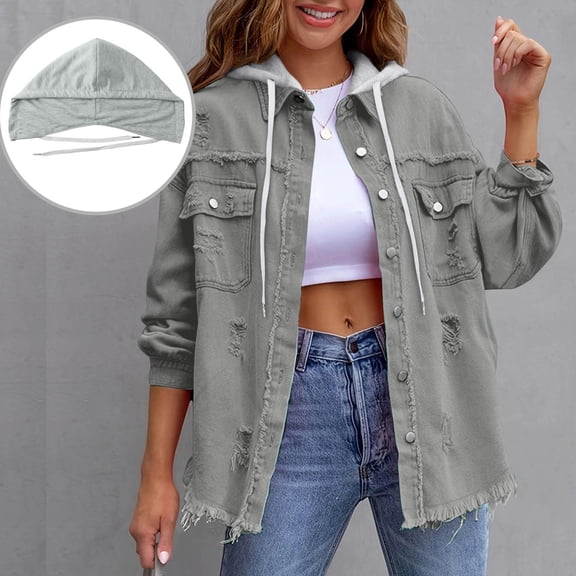 Women's Loose Fit Distressed Denim Jacket Solid Color Removable Hood Long Sleeve Button-Front Casual Fashion Versatile Daily Outdoor Comfortable Shirt Jacket Gray M