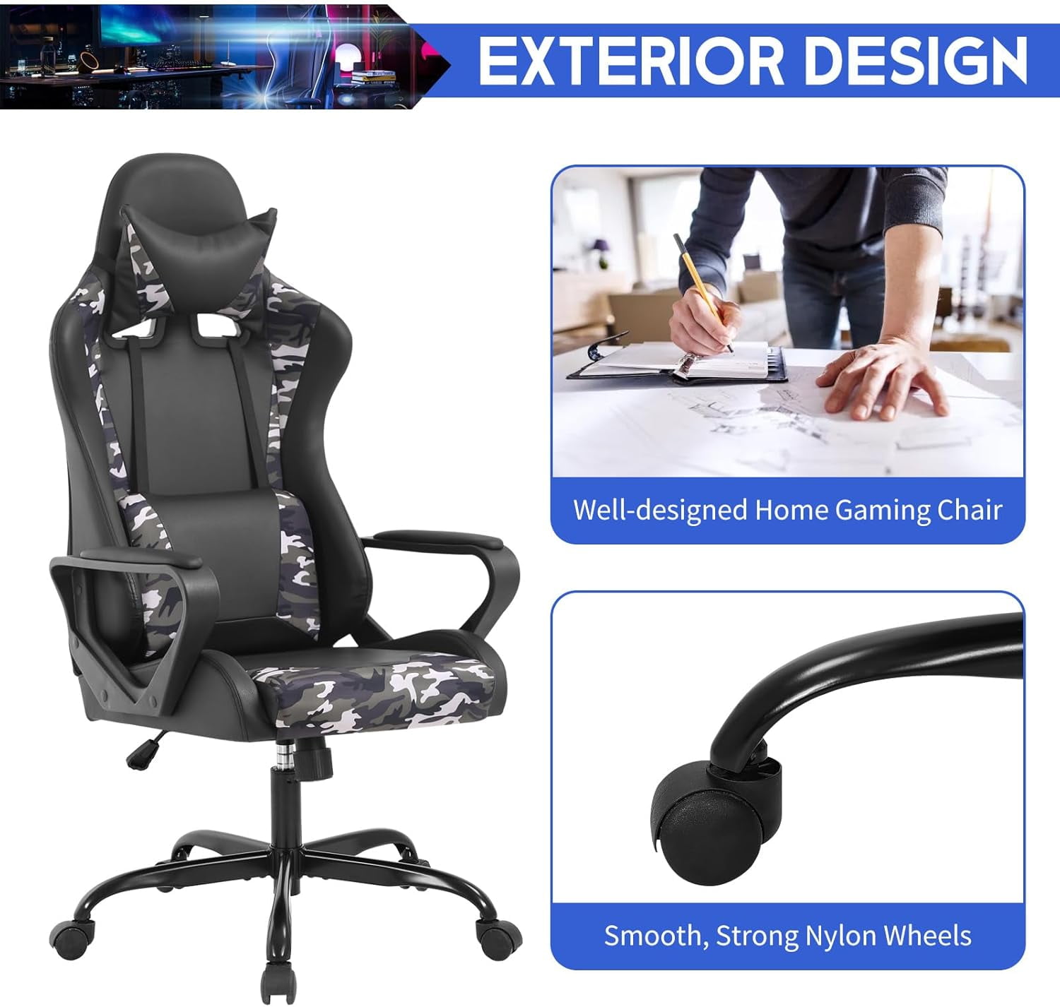 Dkelincs High Back Gaming Chair Racing Office Chair Leather Ergonomic Computer Chair Adjustable Swivel Rolling Desk Chair for Adults Teens, Camo