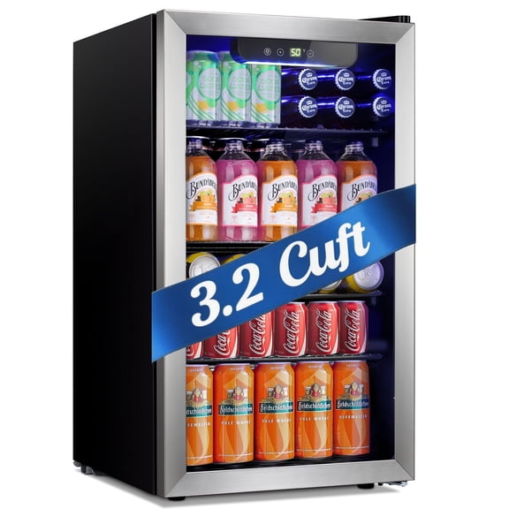 Auseo 3.2 Cu.ft Beverage Refrigerator, 120 Can Mini Fridge with Glass Door, Wine Cooler for Bar/Office/Home