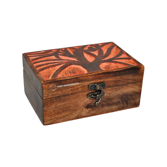 Antique Handmade Wooden Urn Tree of Life Engraving Handcarved Jewellery Box for Women-Men Jewel | Home Decor Accents | Decorative Boxes | Storage & Organiser (6" x 4" x 3", Tree 2)