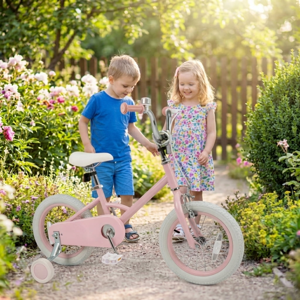 Redsmile Kids Bike 12 Inch for Boys Girls Ages 3-8, Adjustable Toddler Bicycle with Training Wheels and Stars & Moon Design, Height-Adjustable Seat, 110 lb Capacity, Pink