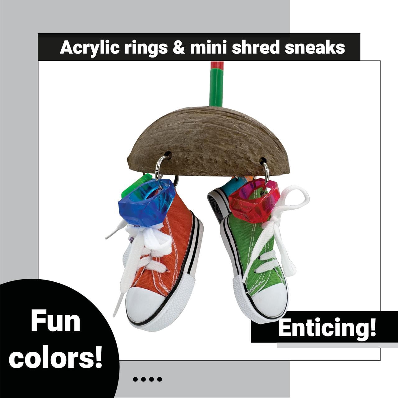 1504 Coconut Ringy Sneaker Bird Toy with Coconut Shell Mini Sneakers Acrylic Rings – Handcrafted by Impeckable Bird Toys – For Medium Birds Chewing Tugging Enrichment Fun