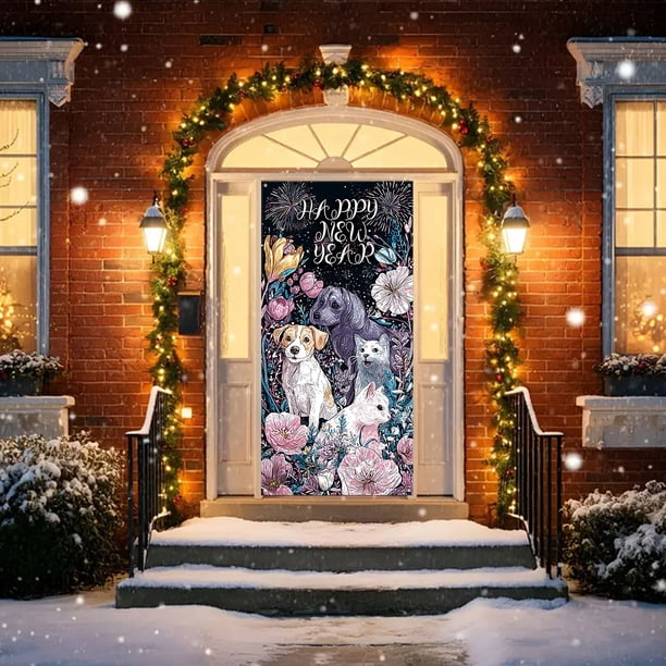 Uuiauoio Happy New Year Door Cover Decoration with Festive Winter Design, Reusable Polyester Door Hanging for Party and Celebration, Indoor Outdoor Welcome Sign Tapestry