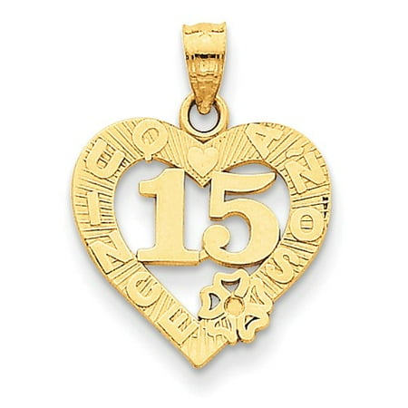 14k Yellow Gold Sweet 15 in Quince Anos Heart Frame Pendant