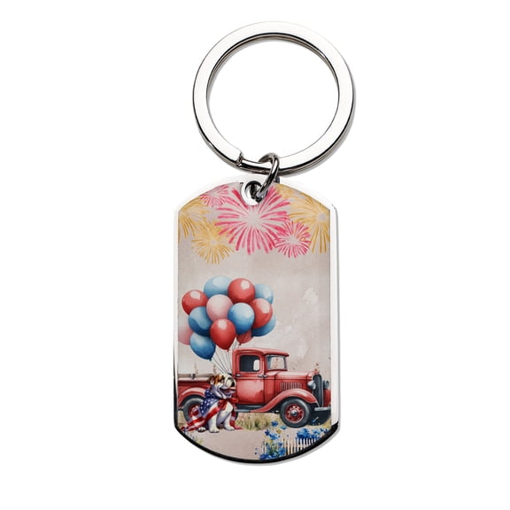Vintage Patriotic Bulldog 4th of July Independence Memorial Day Stainless Steel Keychain Dog Lover Gifts Idea Collar Charm Tag Keyring - 01006