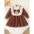thumbnail image 2 of Faithtur Toddler Girl Christmas Velvet Dress, Patchwork Ruffled Neck Long Sleeve Bowknot Front A-Line Dress, 2 of 7