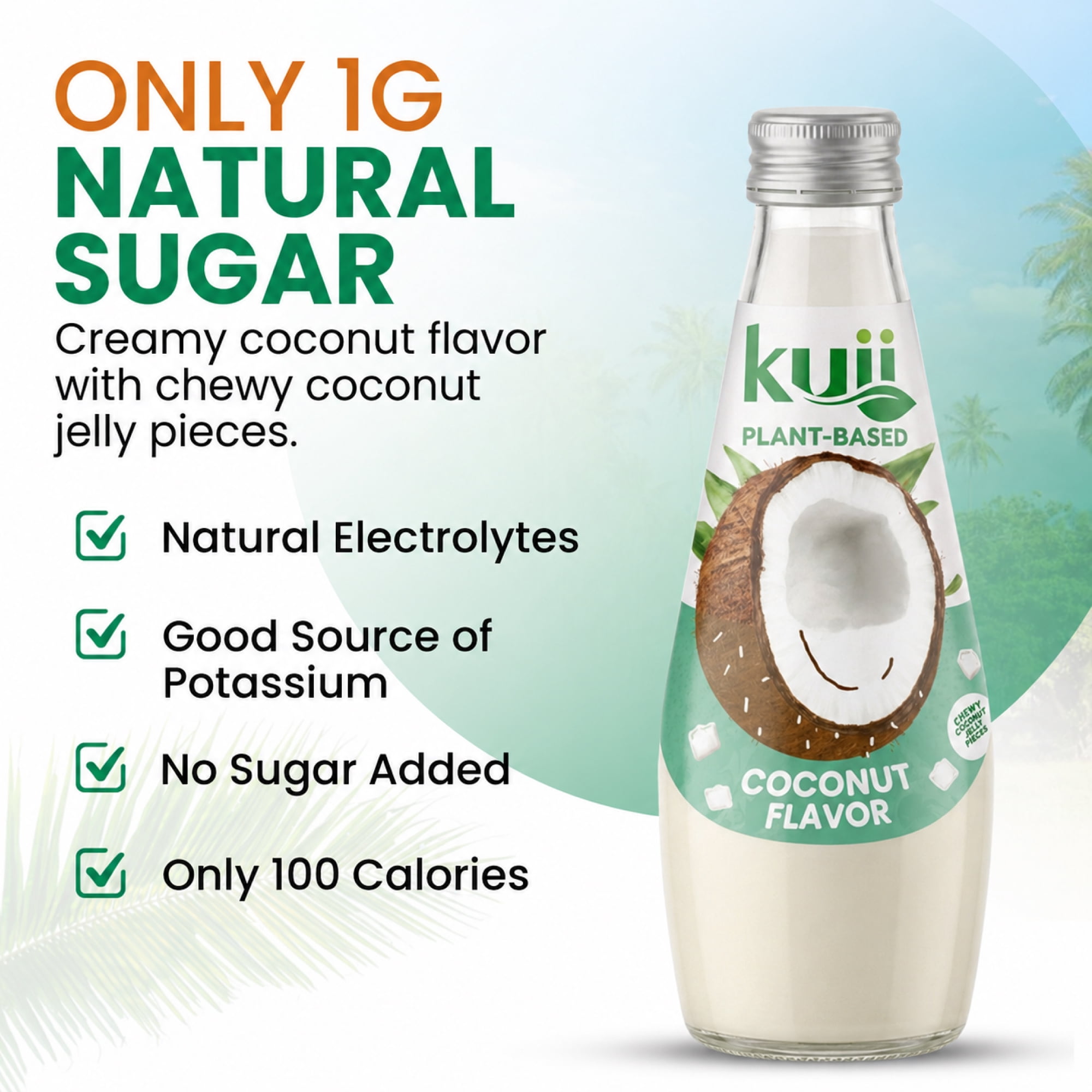 Kuii Drinks Coconut Milk with Nata de Coco, Original - No Sugar Added, 290 mL Single Glass Bottle