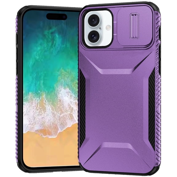 TJS for iPhone 16 Plus Phone Case, Slide Camera Cover Shockproof TPU PC Lens Protection Cover (Purple)